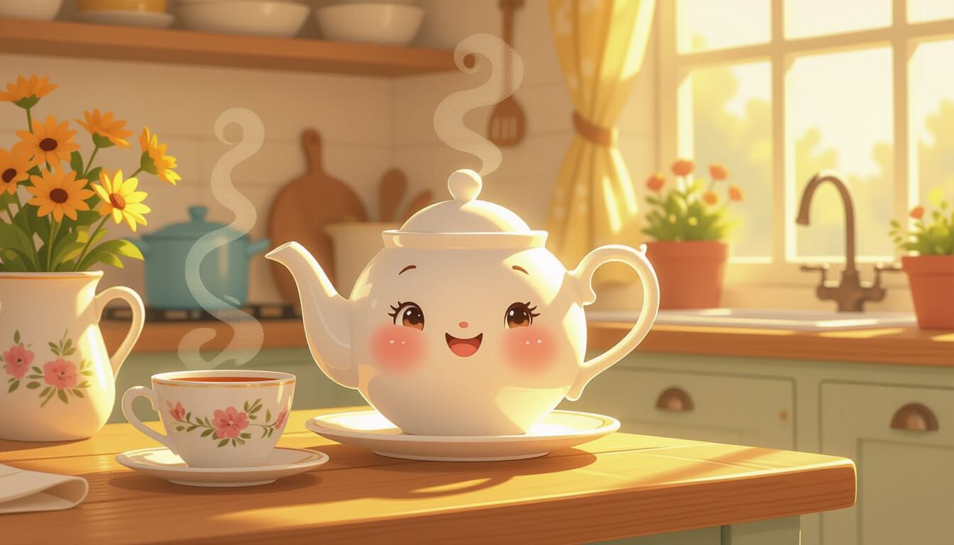 Whimsical Teapot Serving Tea in Cozy Kitchen
