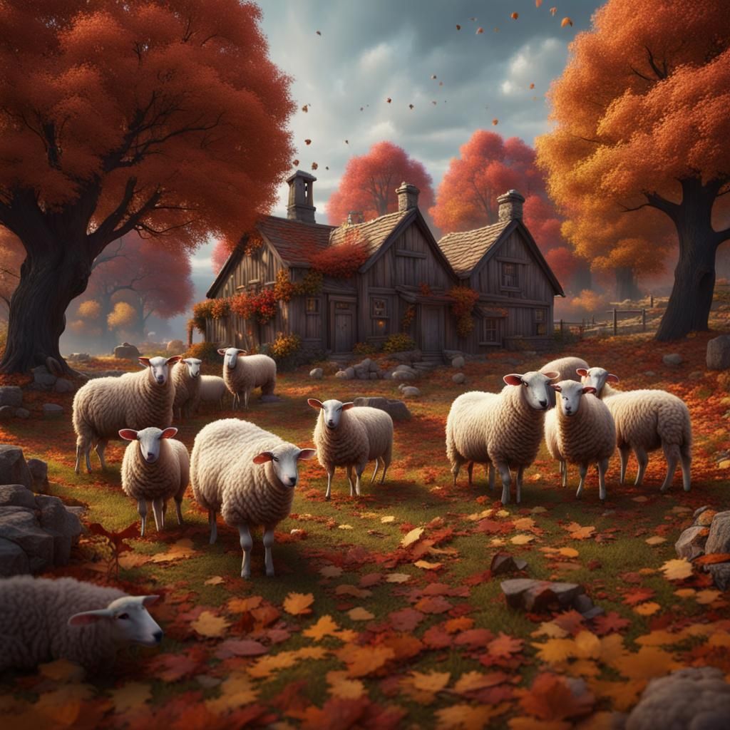 Romantic Autumn Farm with Sheep: Detailed Matte Painting