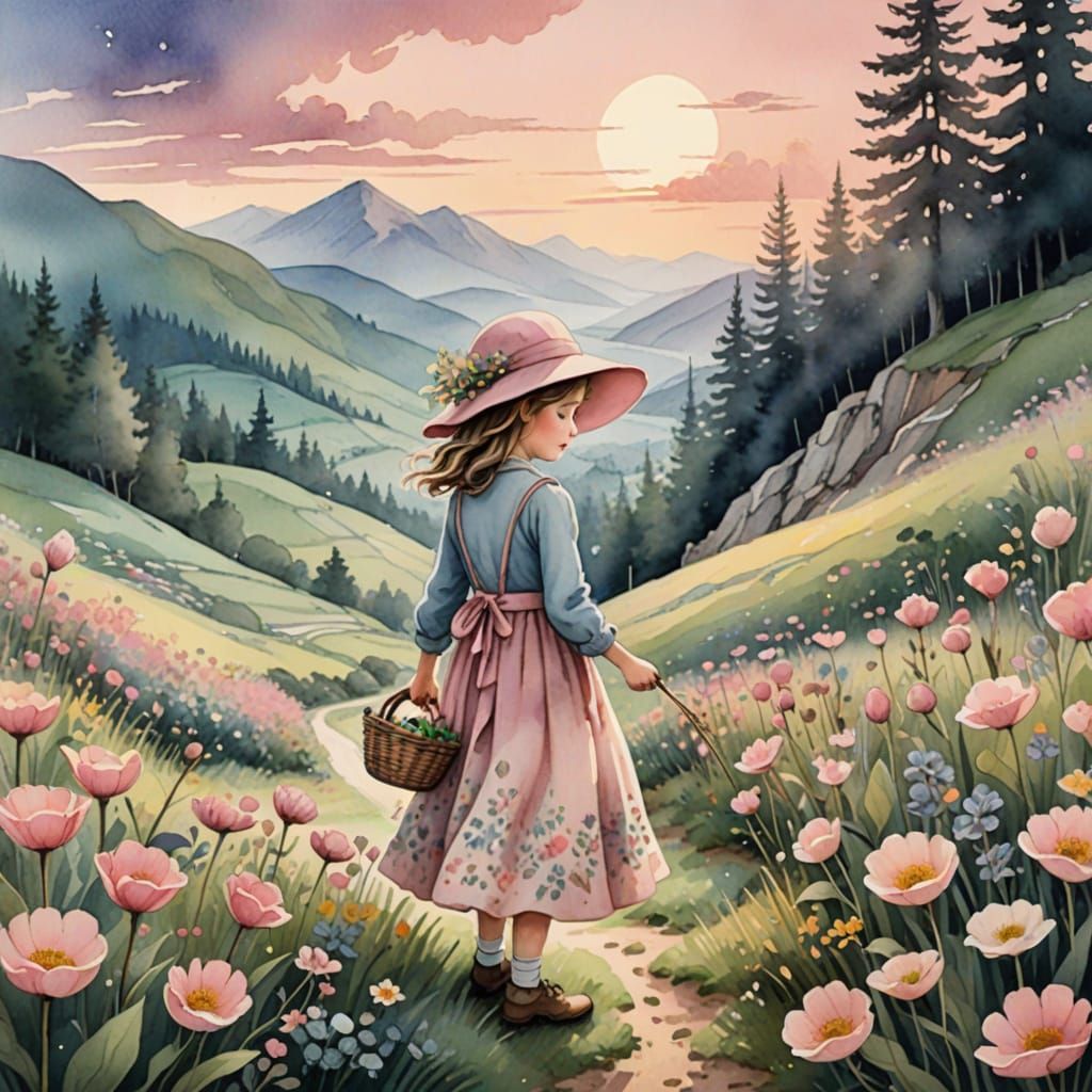 Whimsical Watercolor Illustration of a Little Girl in a Moun...