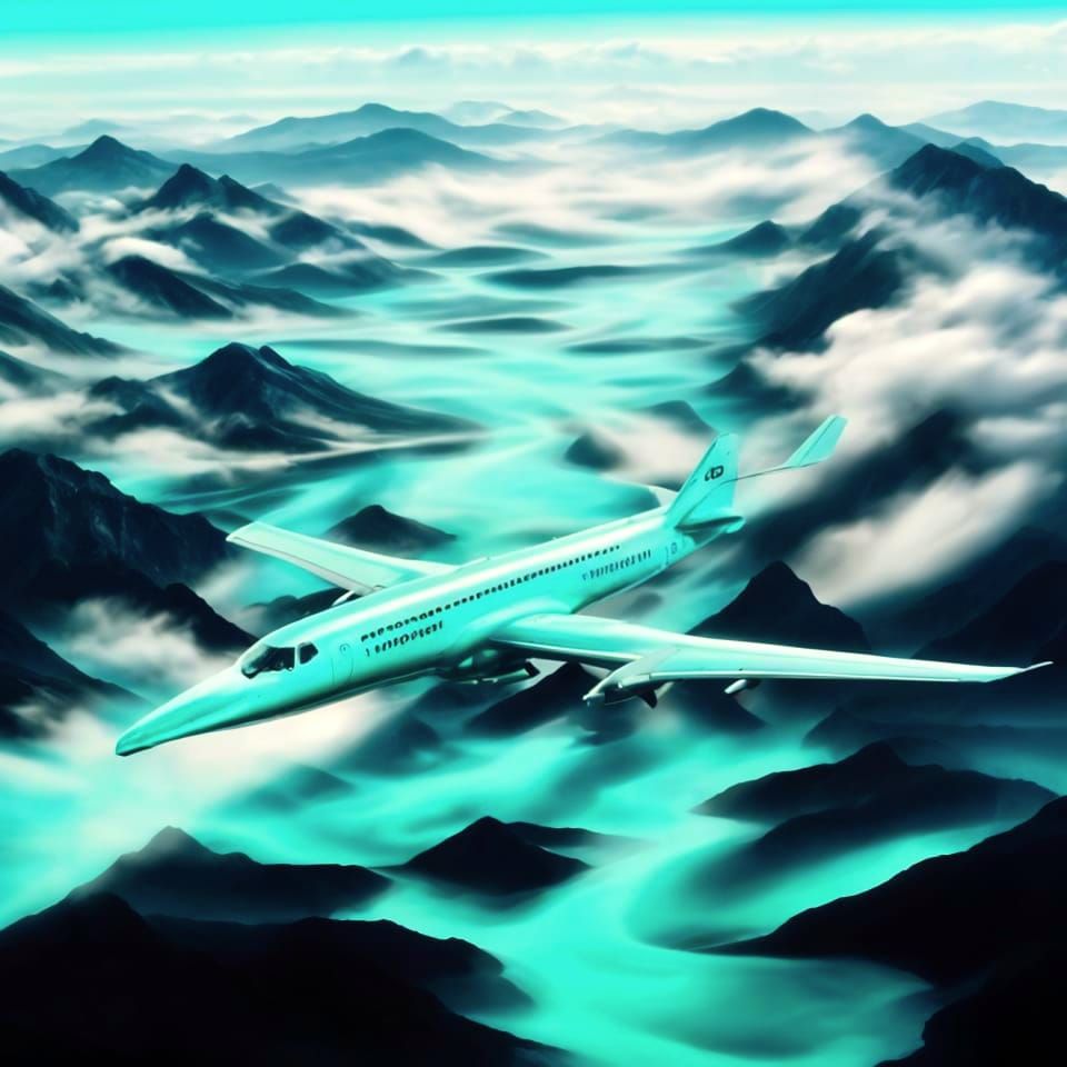Turquoise Airplane Soaring Through Neon Cloudscape