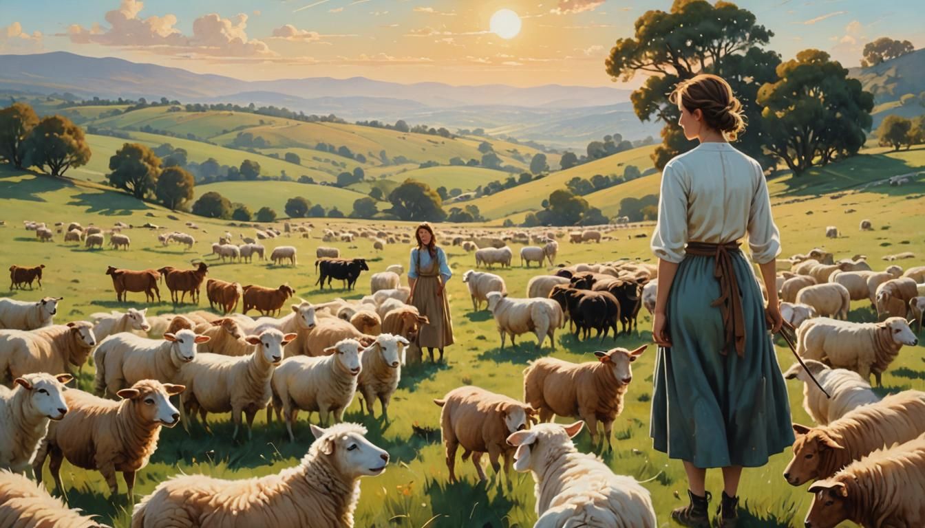 Idyllic Meadow Scene with Shepherd Girl in Impressionist Sty...