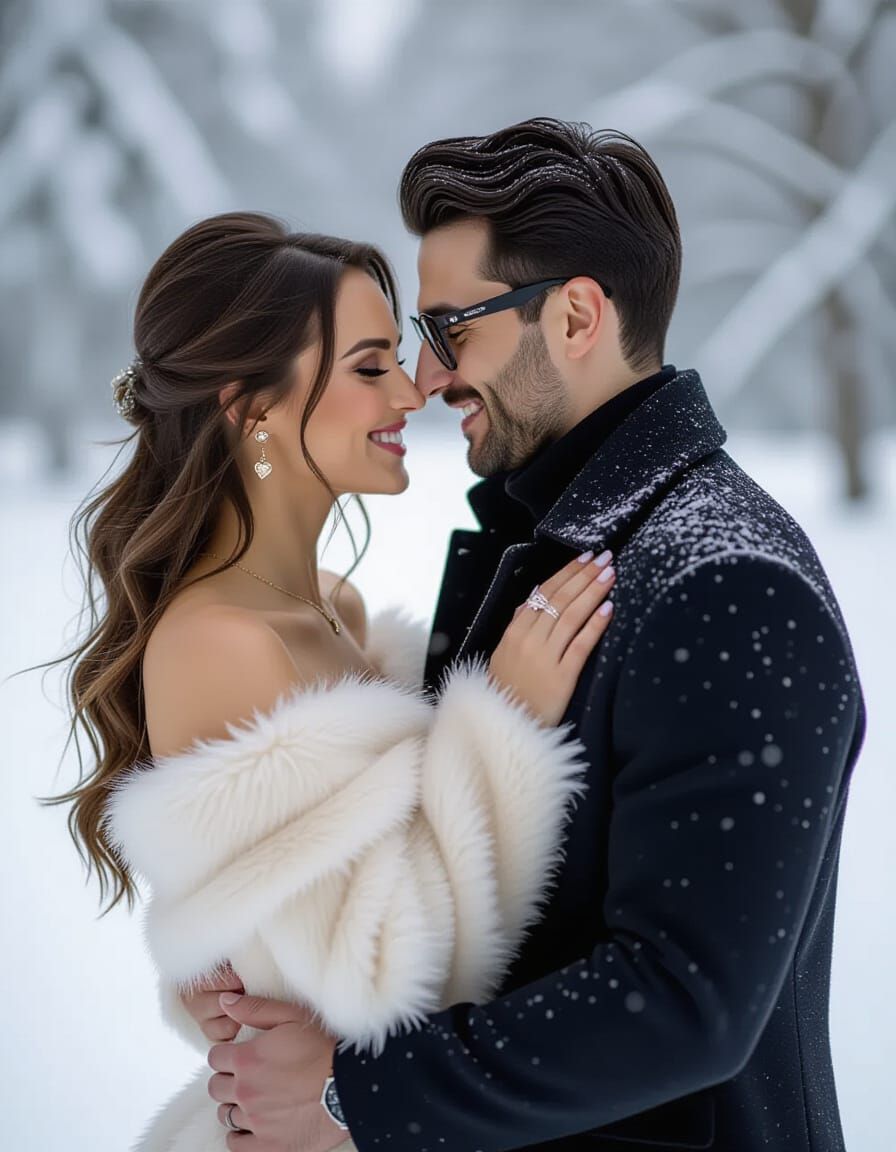 Loving Couple's Tender Winter Kiss in Snowy Landscape