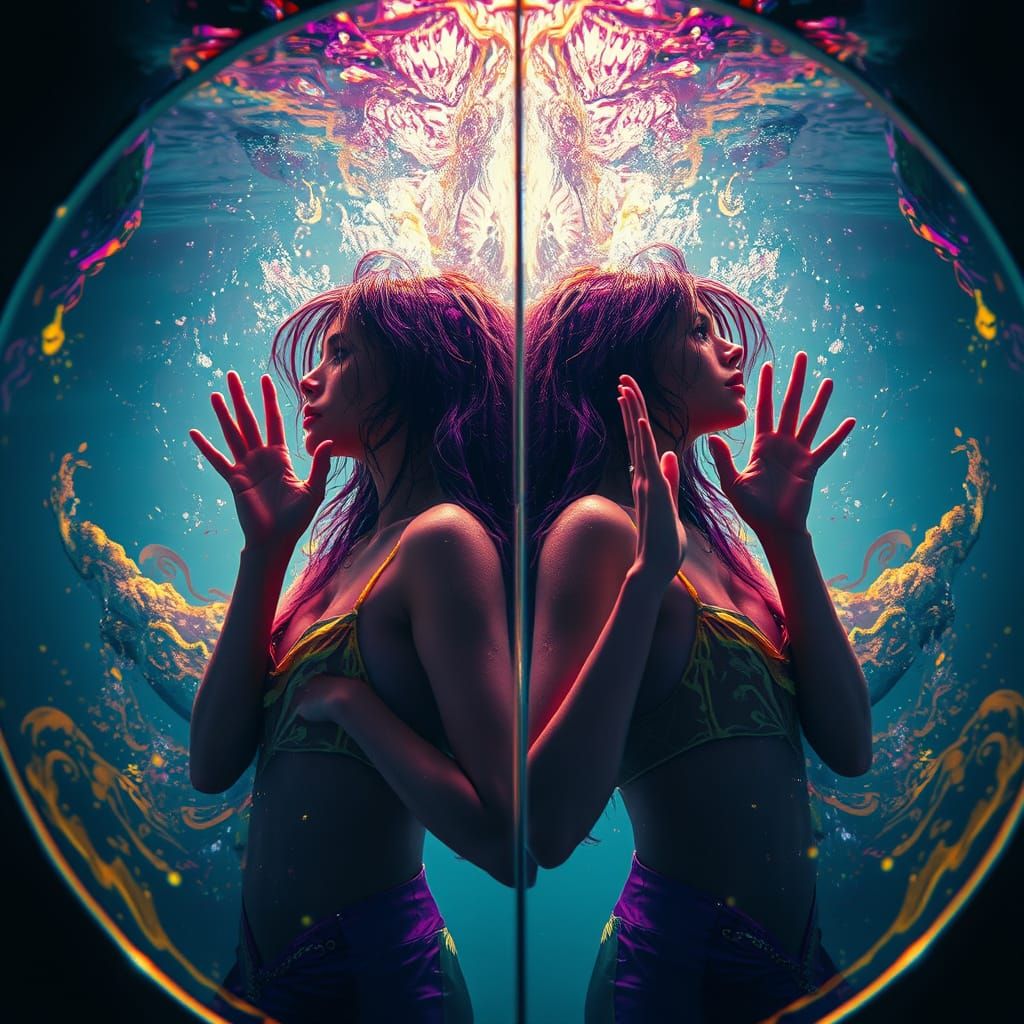 Underwater Mirror Reflecting Model in Dark Fantasy Art