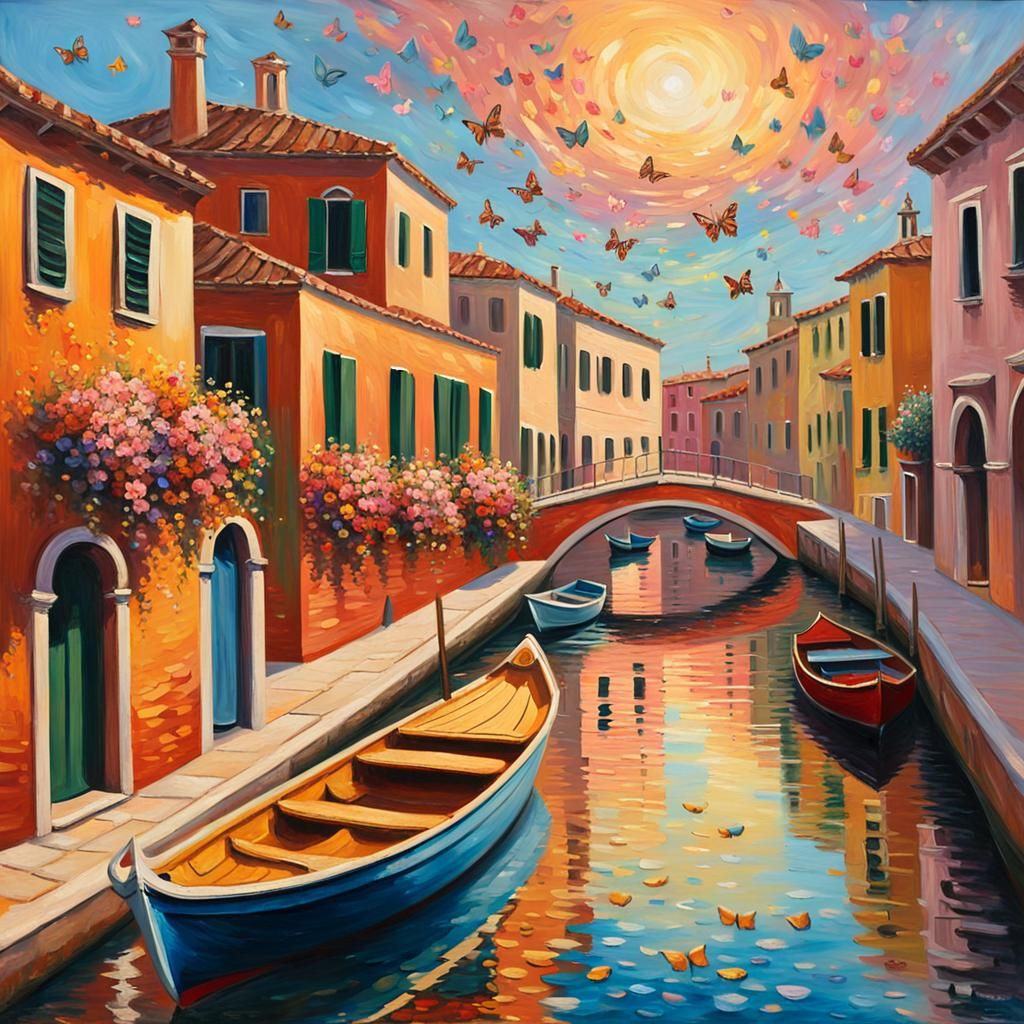 Venetian Boat Amidst Flowers in Impressionist Style