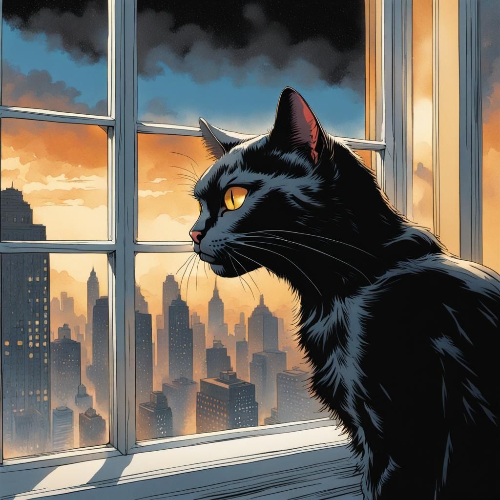 Black Cat Comic Book Illustration at Window