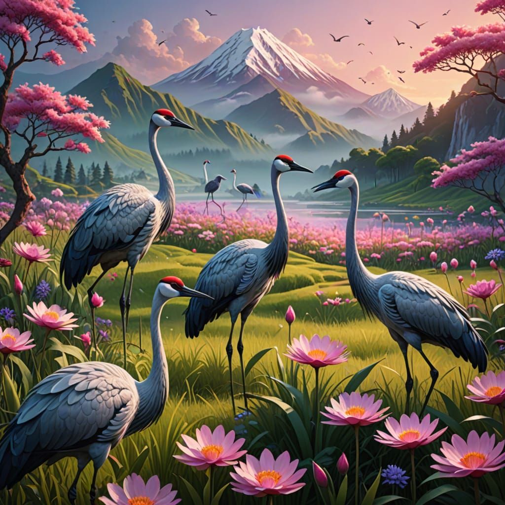 Vibrant Cranes in Paradise, Inspired by Hyper-Realism