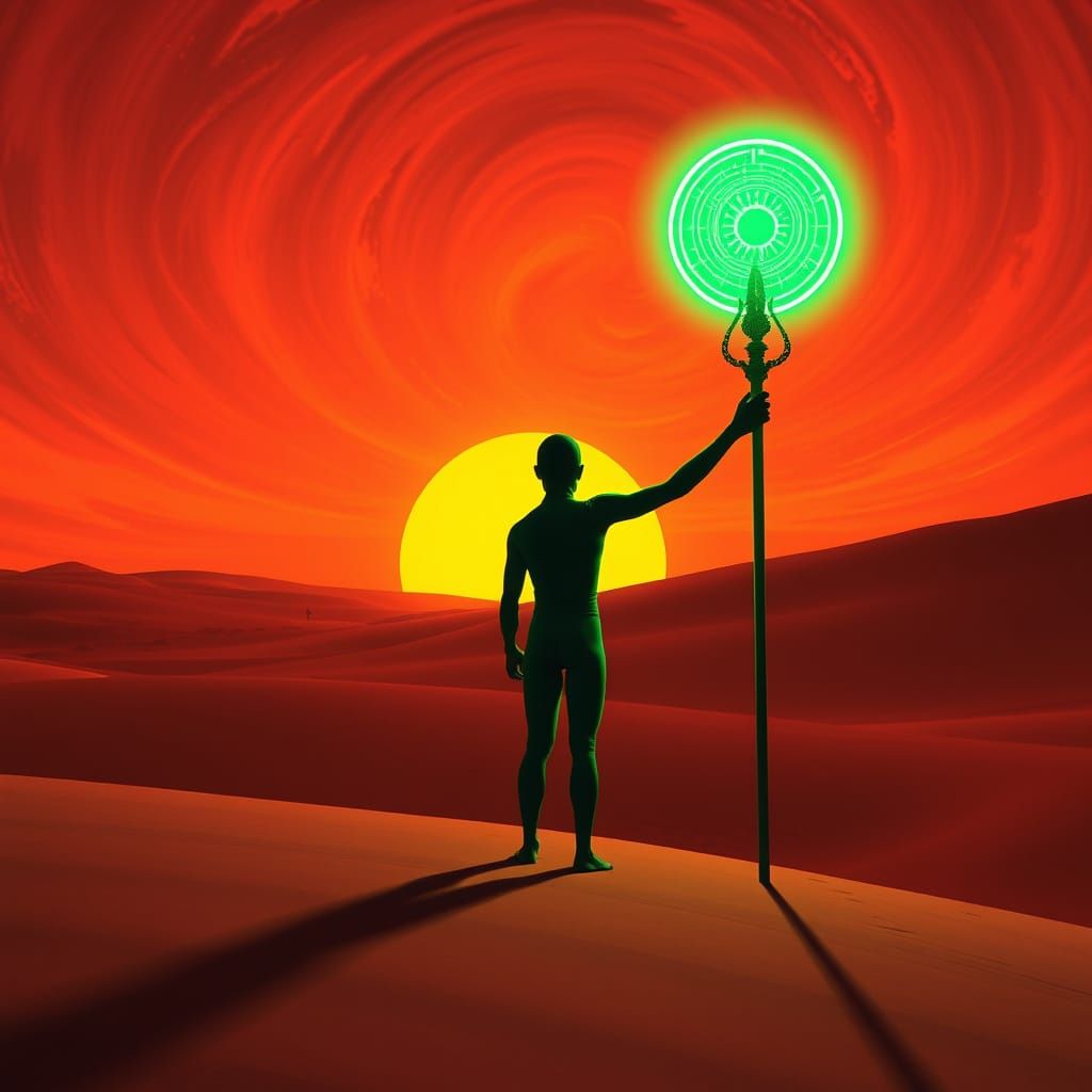 Neon Silhouette in Psychedelic Desert Sunset