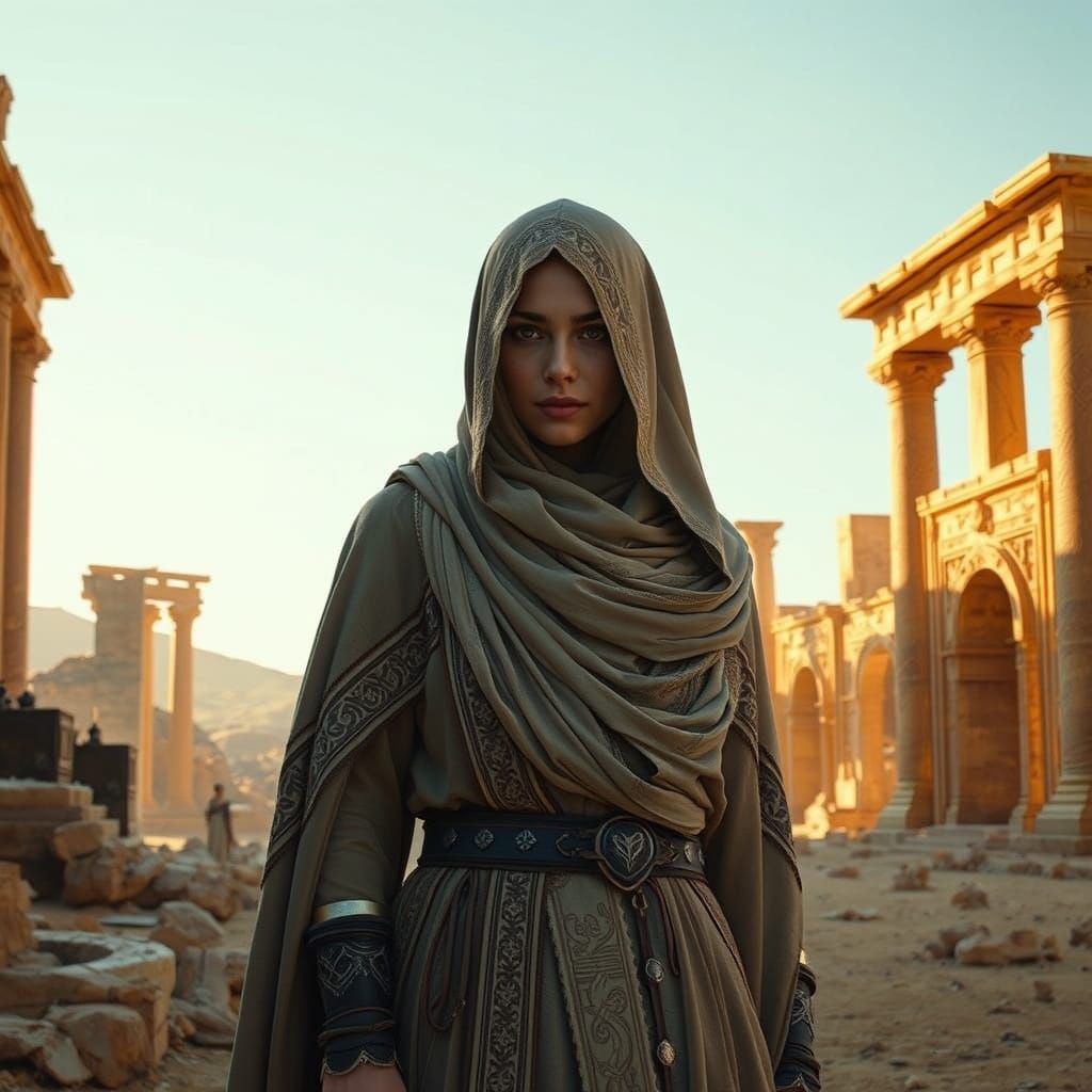 Mysterious Veiled Woman in Desert Ruins