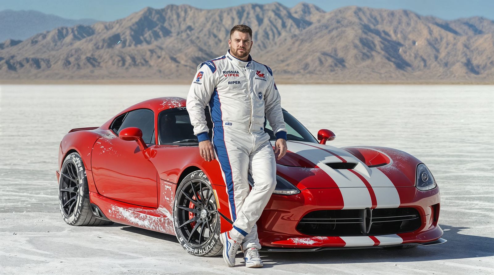 Strong Young Man Leans Against Red Dodge Viper on Salt Lake