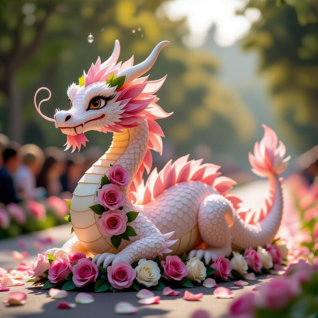 Rose Petal Dragon Float in Surrealist Style