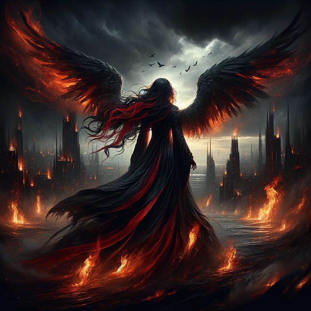 Dark Romantic Fallen Angel Watches City Burn in Fiery Abyss