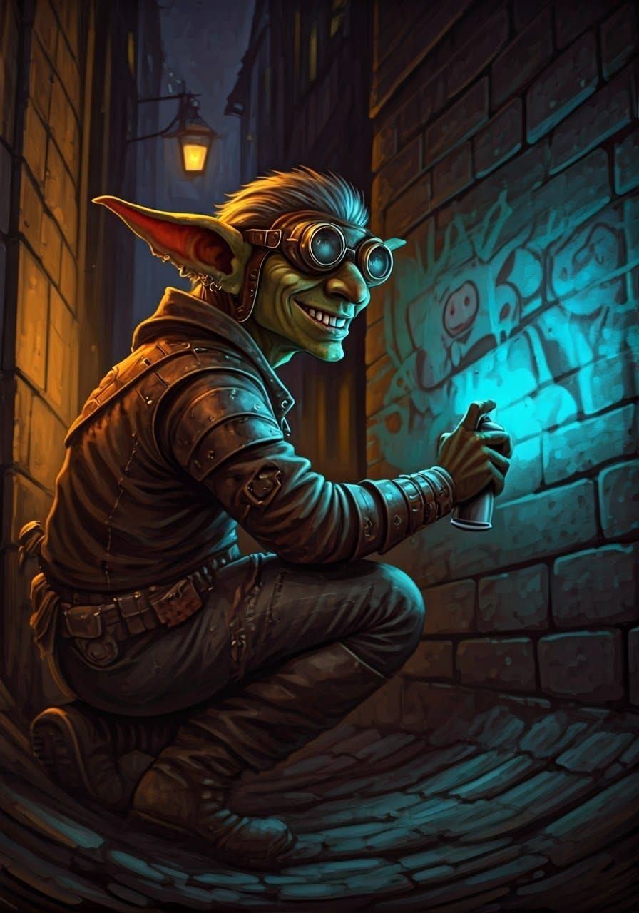 Goblin Graffiti Artist in Steampunk Slum