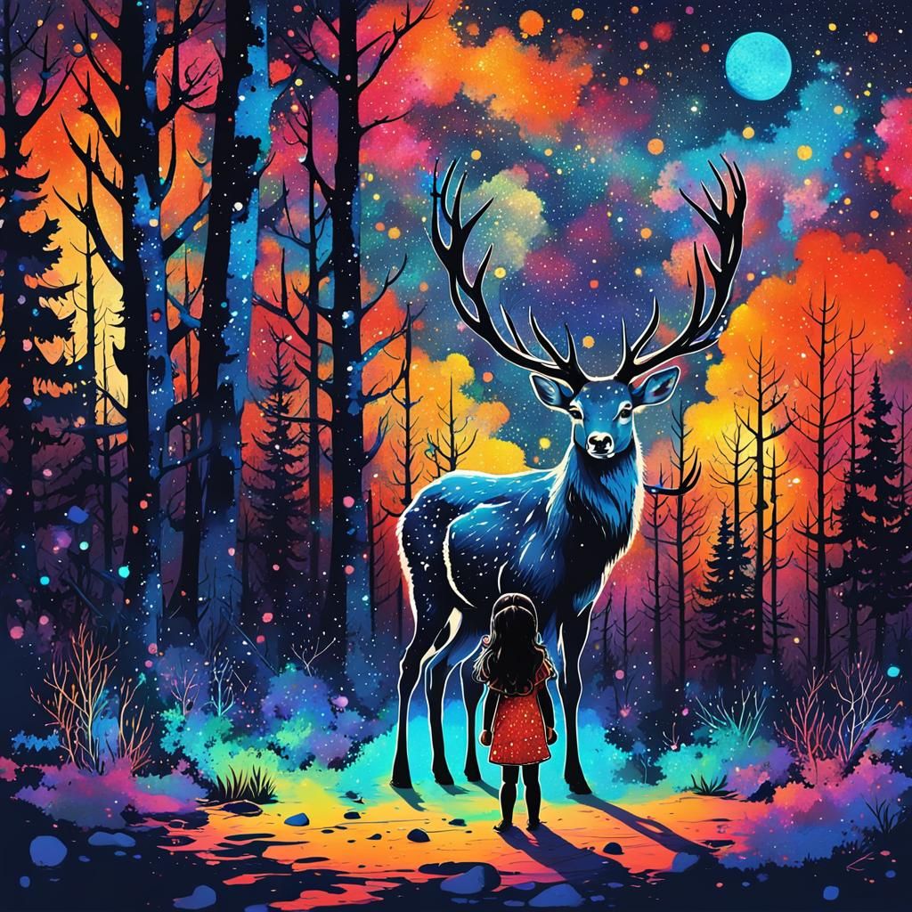 Native American Girl and Deer in Ink Splatter Style