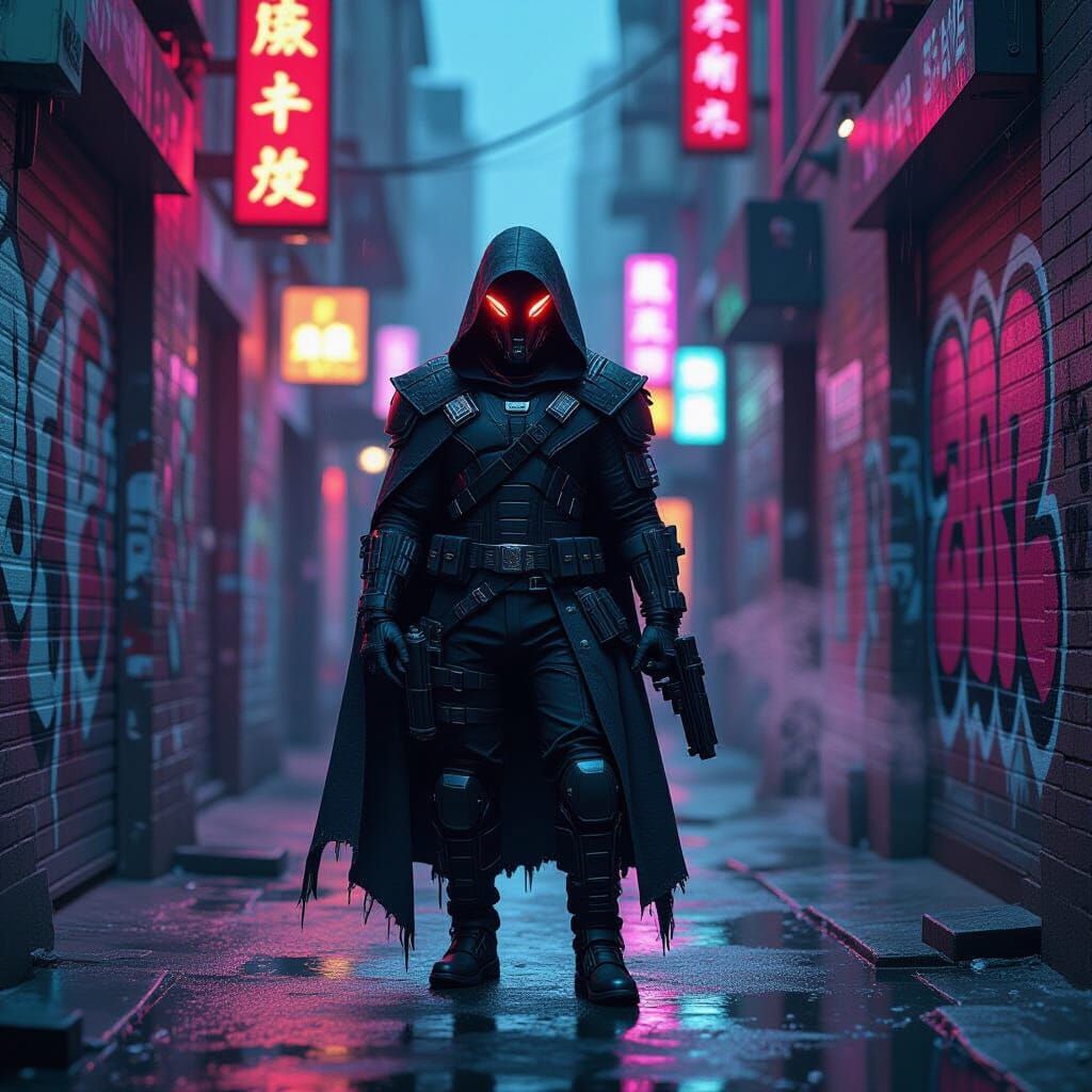 Cybernetic Alien Bounty Hunter in Neon Alleyway