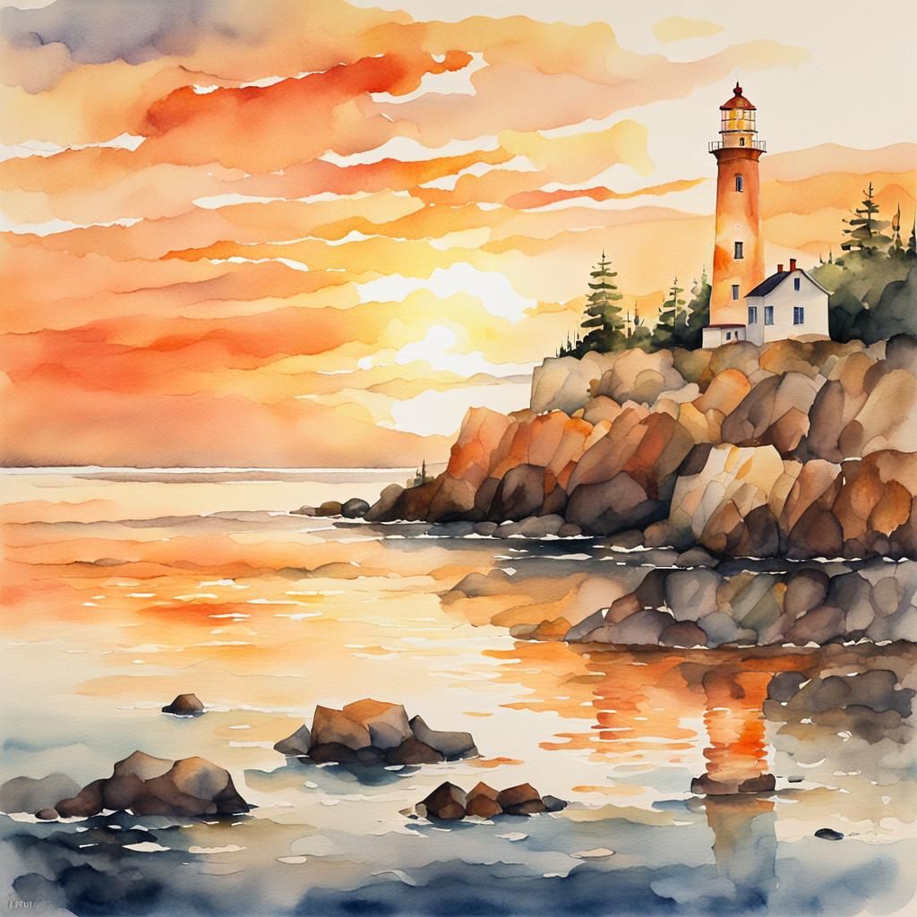 Watercolor Lighthouse Sunset on Rocky Coastline