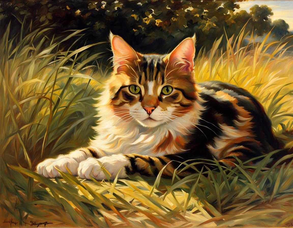 Cat Hunting in Grass: Realistic Oil Painting
