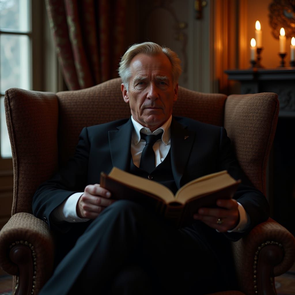 Elderly Man Reads Ancient Tome in Candlelit Study