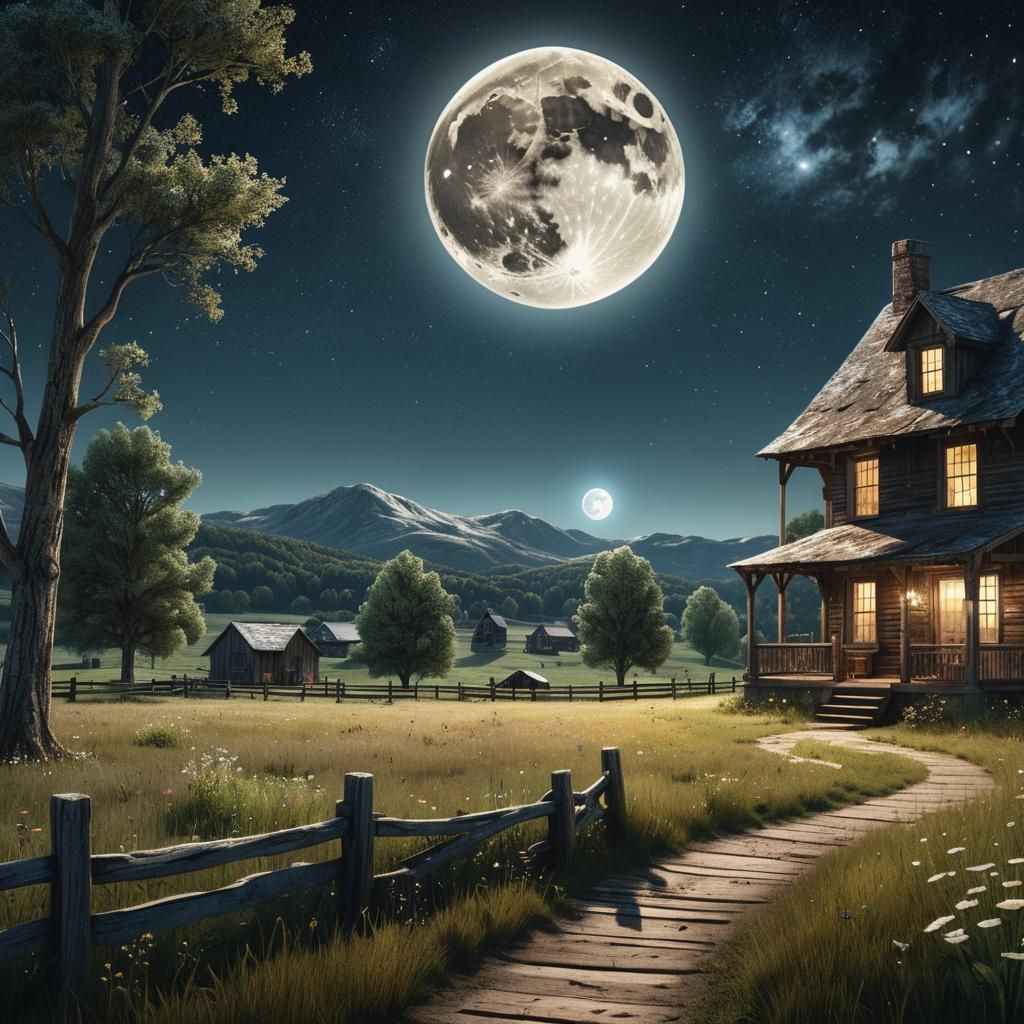 Gigantic Full Moon Rising Over Rustic Town