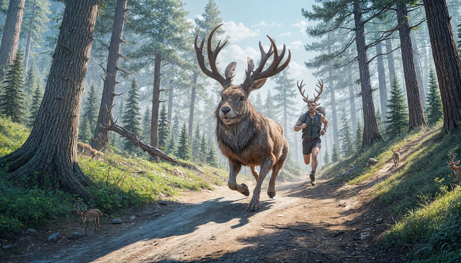 Man with Antlers and Jackalope on Forest Trail