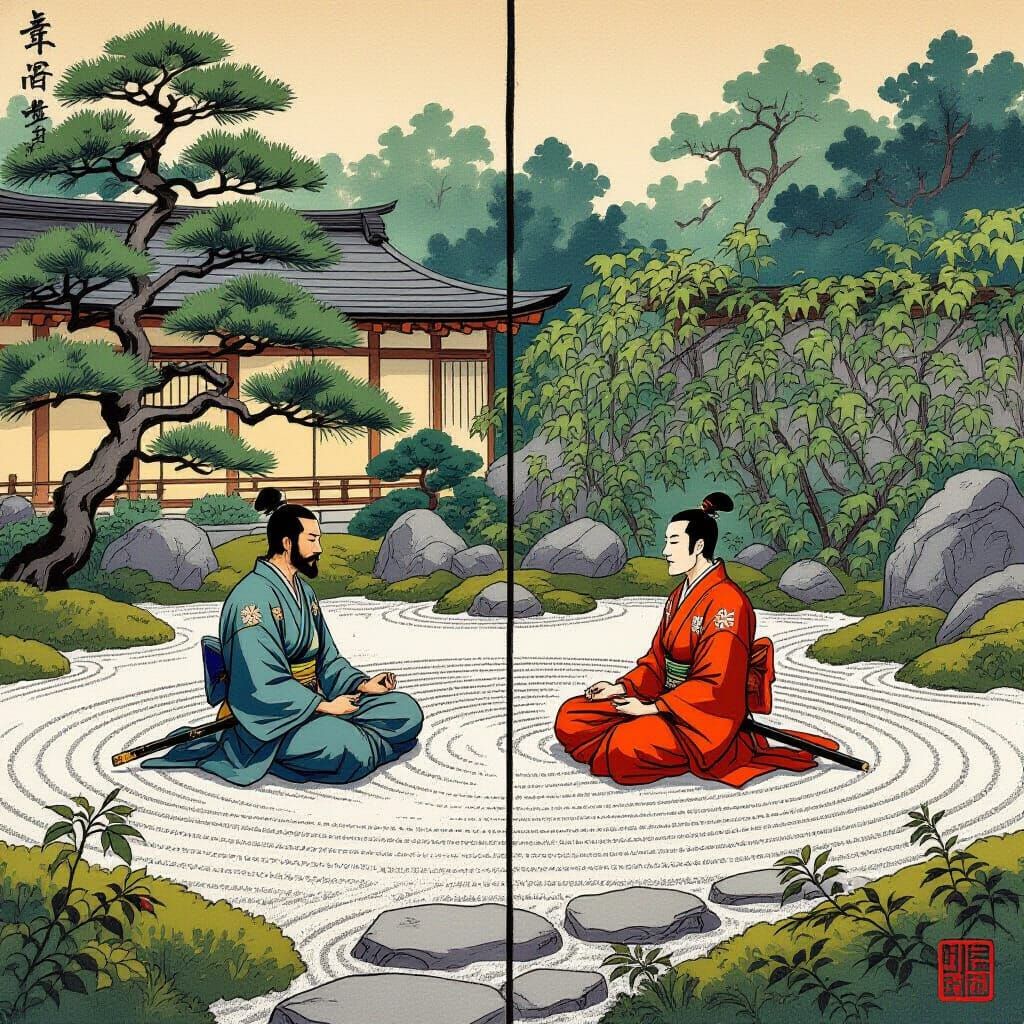 Samurai Meditating in Divided Zen Garden: Woodblock Print