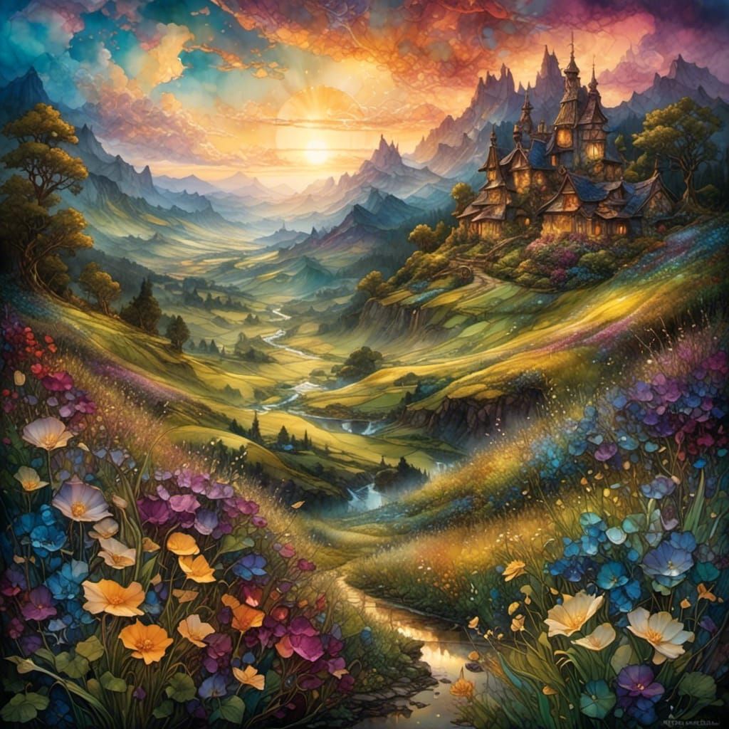 Fantasy Wildflower Meadow at Sunrise in Ink Style