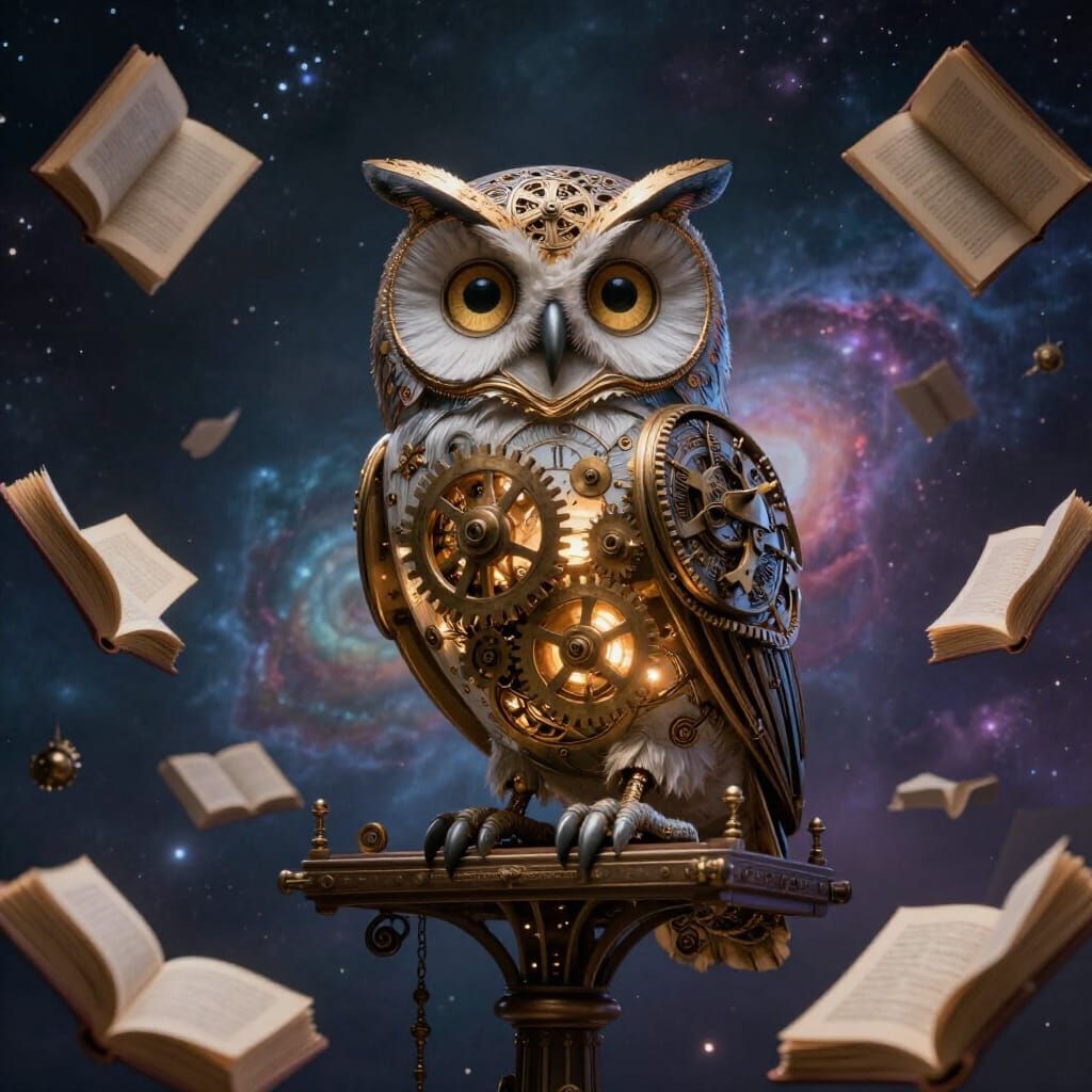 Clockwork Owl on Celestial Shelf, Steampunk Wonder