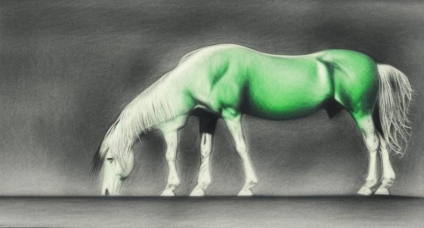 Horse in Green Field, Bauhaus Charcoal Drawing