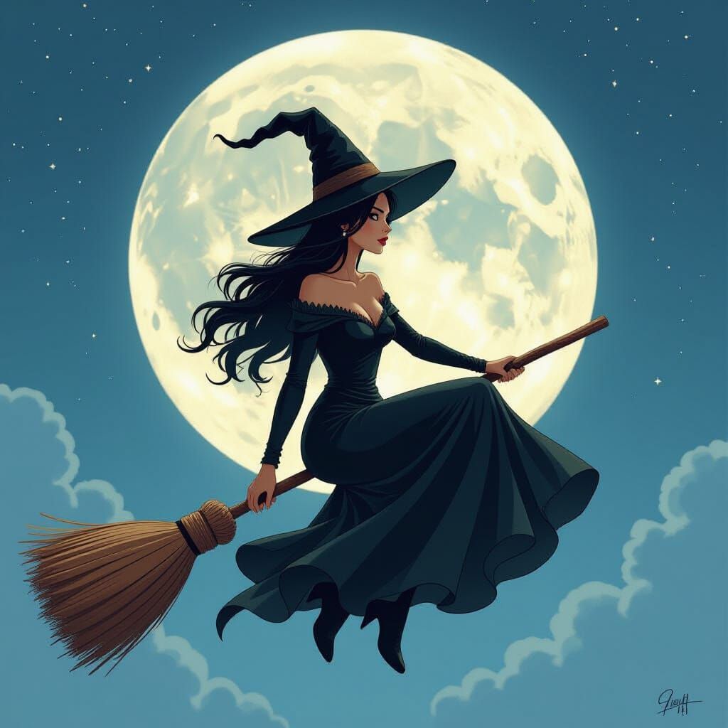 Enchanting Witch Flying on Broomstick in Digital Art Style