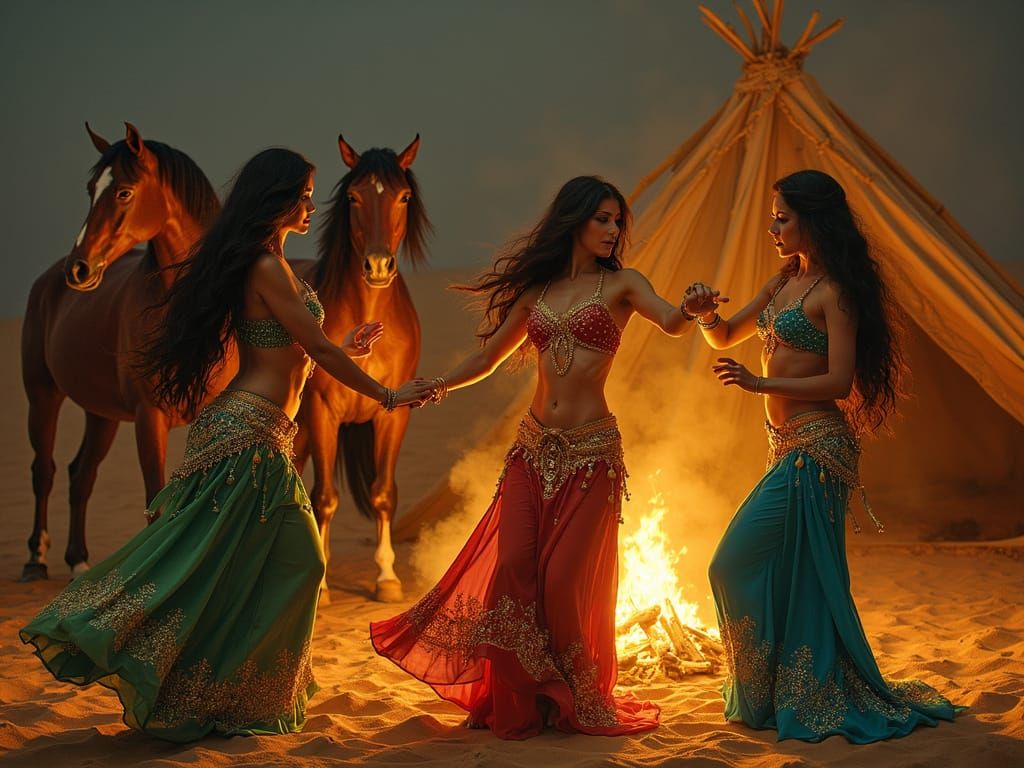 Sensual Oriental Dancers Surround Golden Campfire