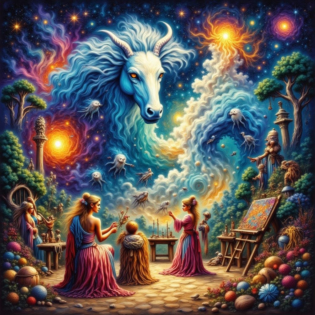 Mythical Artists Crafting Cosmic Wonders in Ethereal Fantasy...