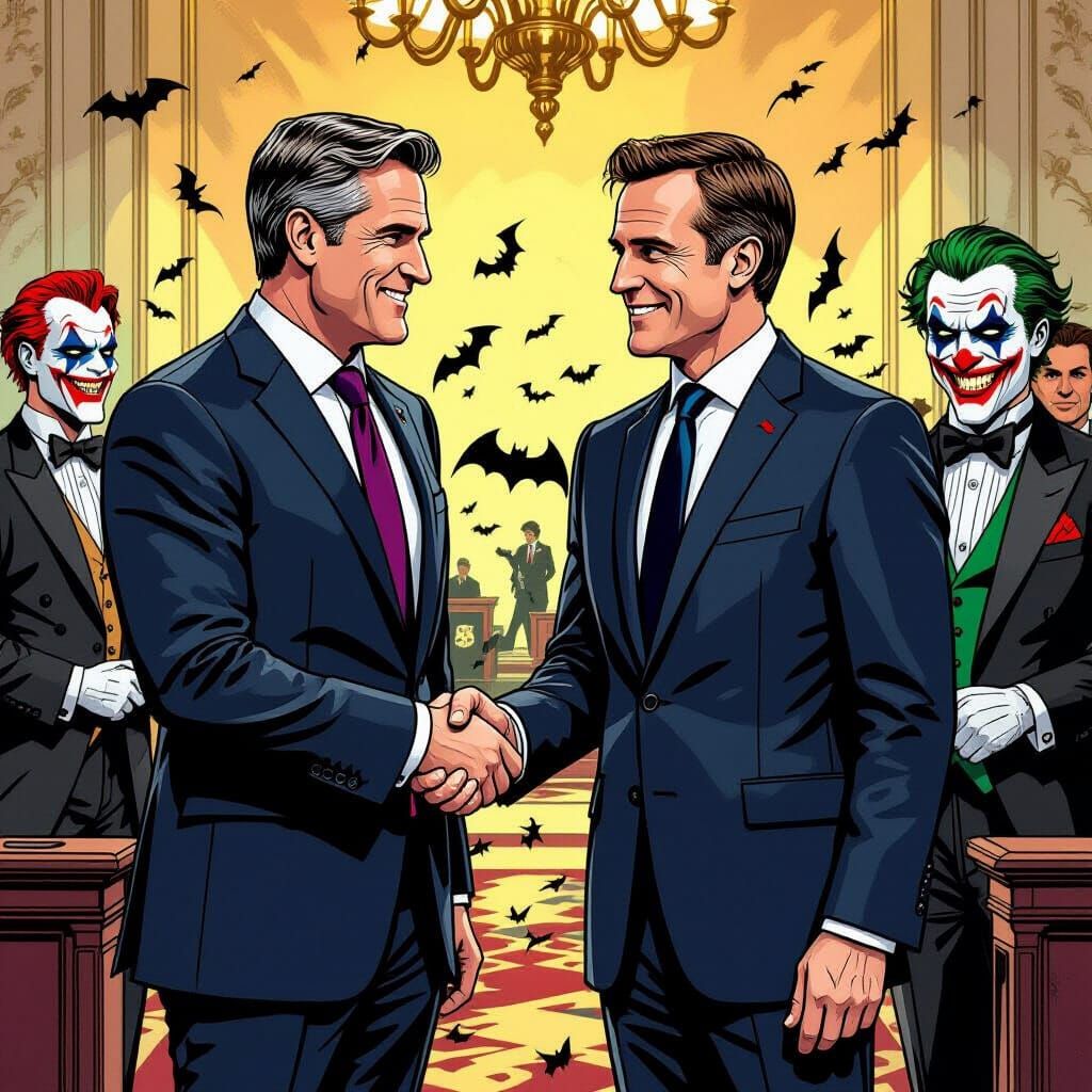 Keir Starmer, Macron, and Joker Chaos in Comic Art