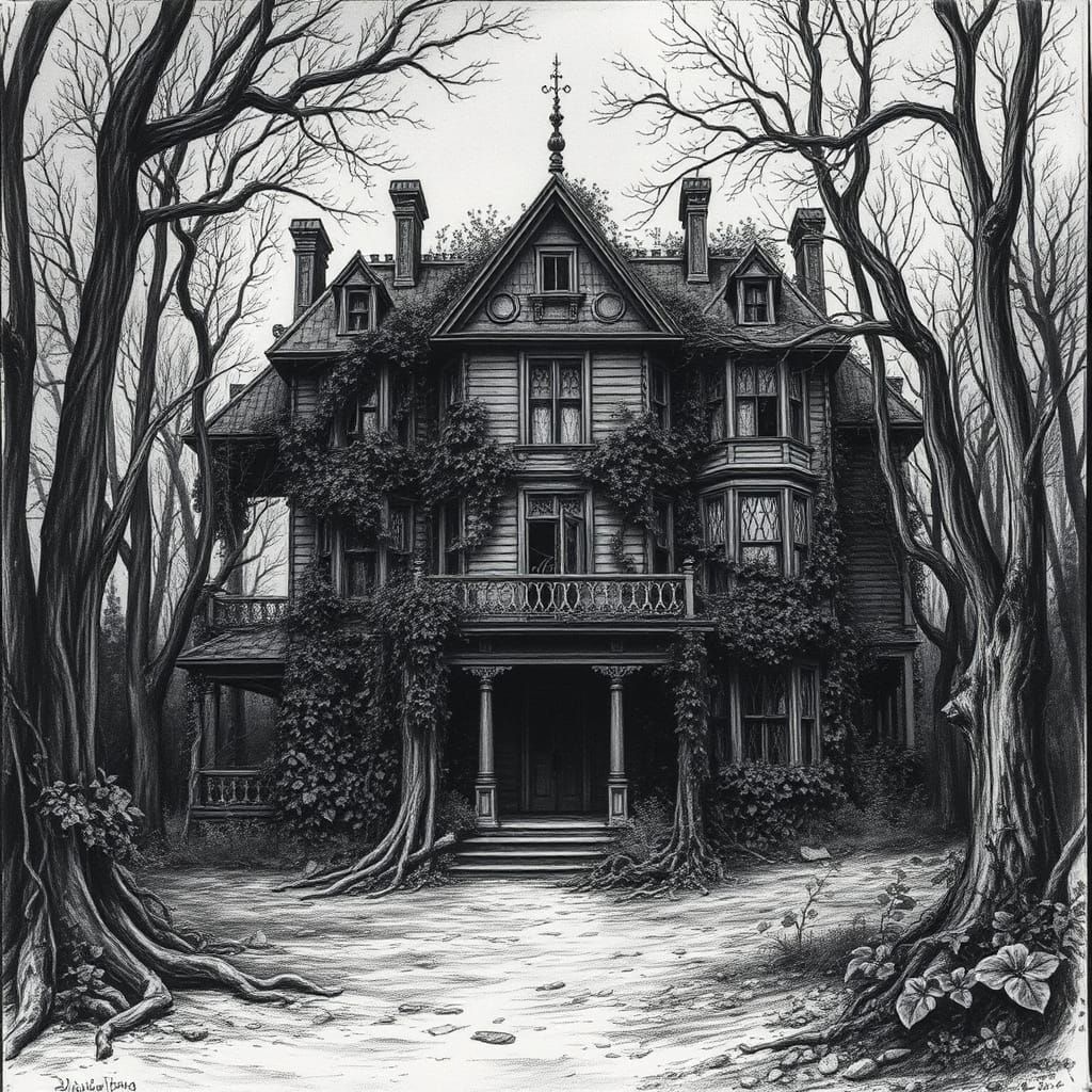 Eerie Abandoned Mansion in Dark Surrealist Charcoal Style