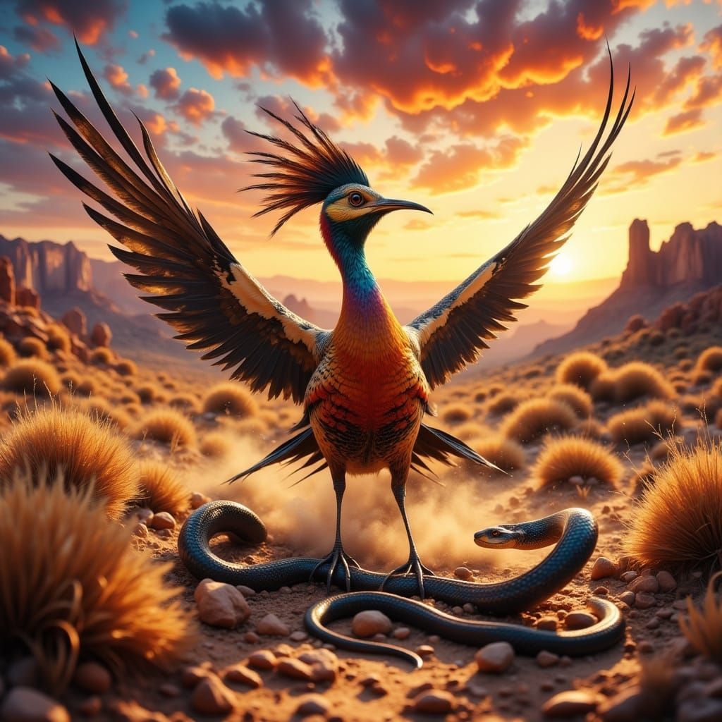 Surreal Sunset Roadrunner Confronts Rattlesnake in the Paint...