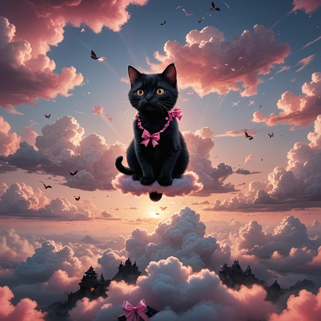 Cute Black Cat with Pink Bows at Sunset