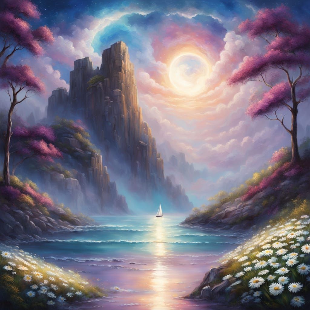 Surreal Moonlit Cove with Sailboats as Oil Painting