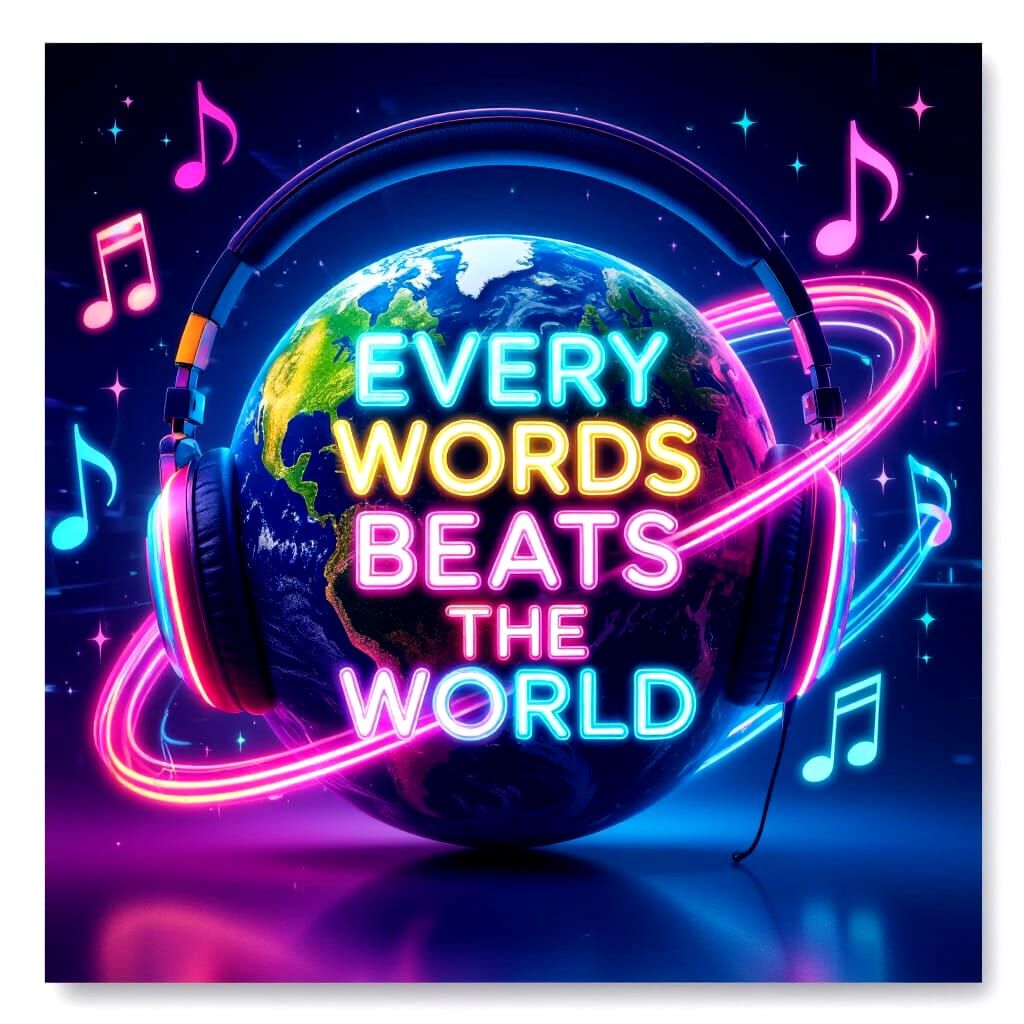 Earth With Headphones: Music Notes & Neon Text Banner