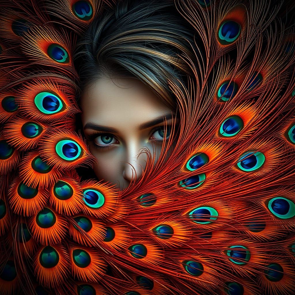 Woman with Peacock Fan in Alcohol Ink Style