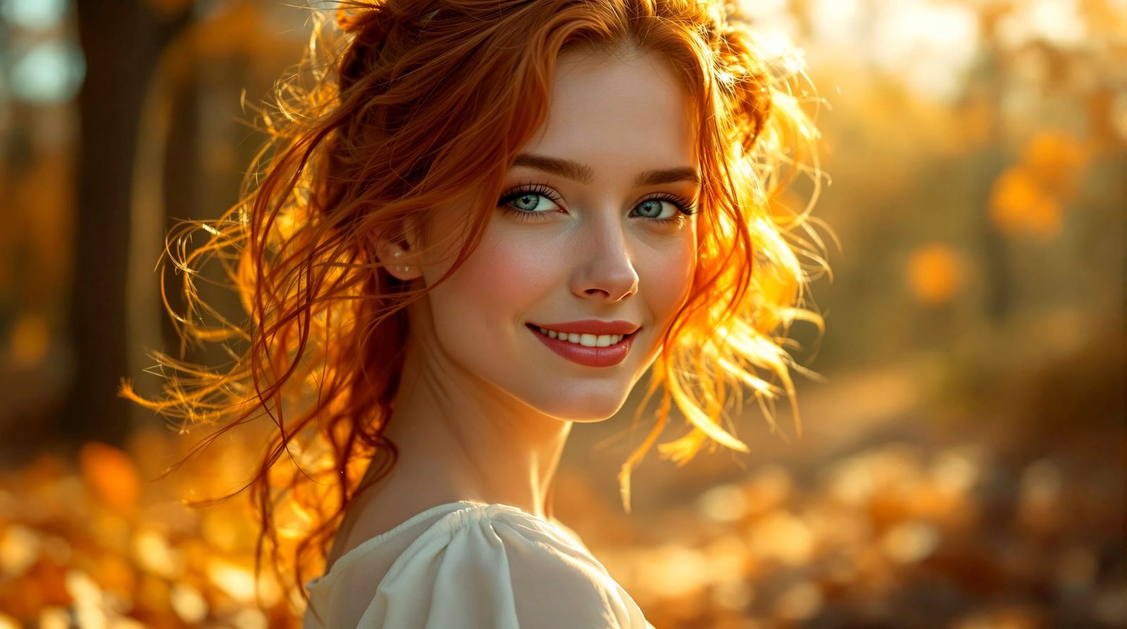 Red Haired Woman in White Dress, Autumn Portrait