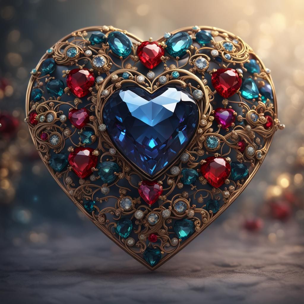Gems Adorn Heart Brooch in Detailed Matte Painting