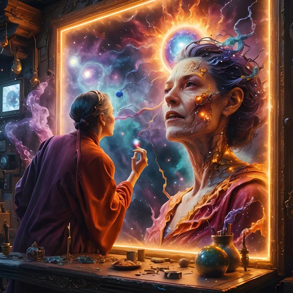 Cosmic Woman in Flickering Light, Surreal Digital Art