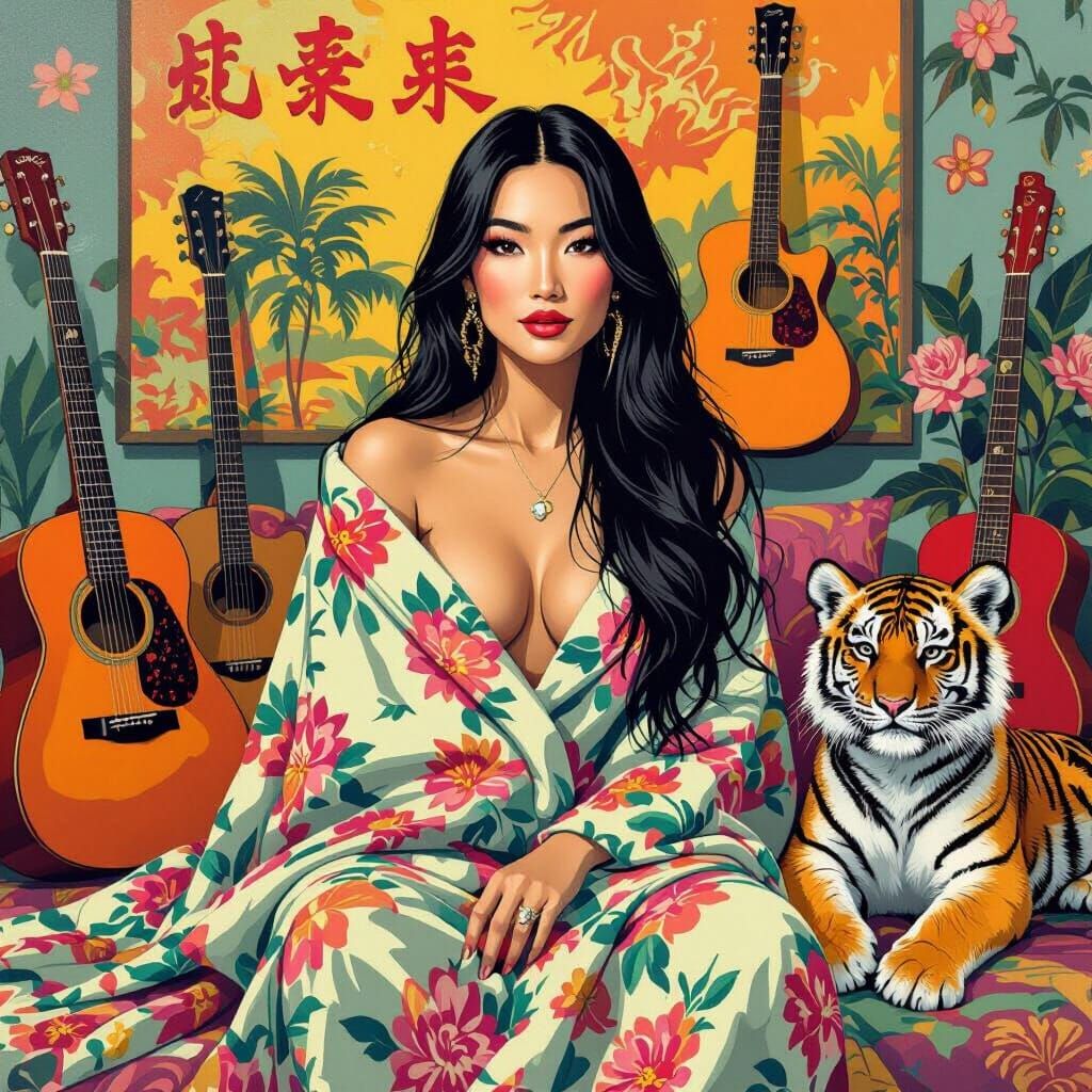 Retro Pop Art Chinese Woman with Tiger