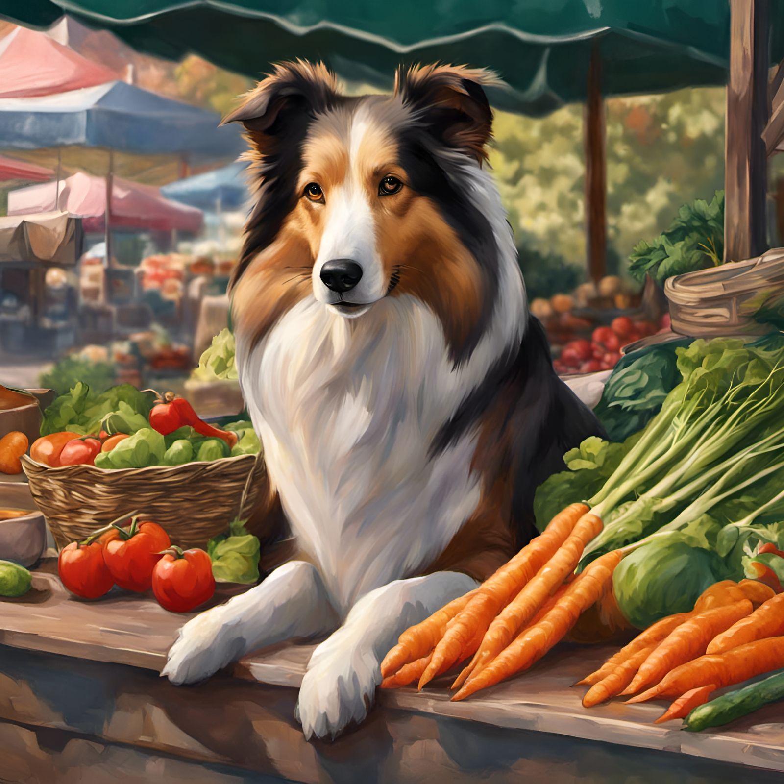 Collie at a Colorful Farmer's Market