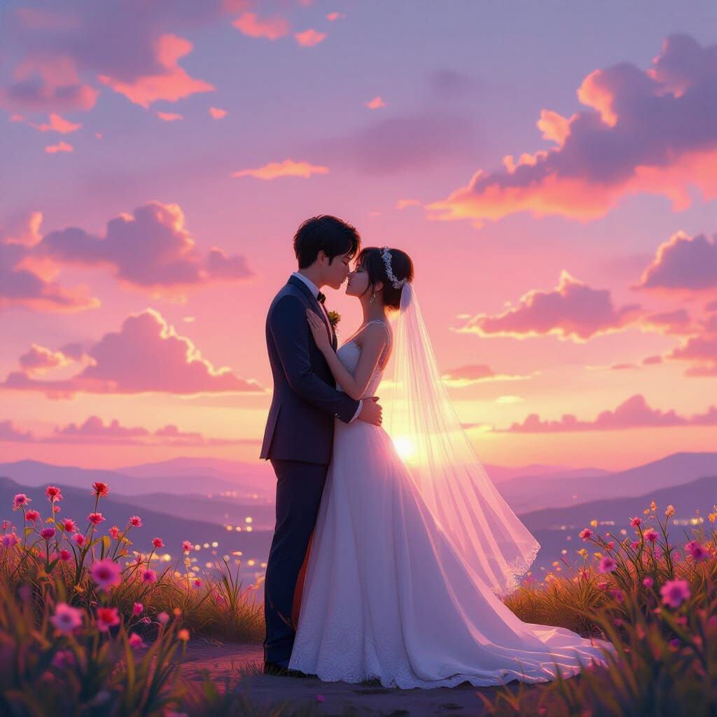 Couple's Rainbow Kiss at Pink Sunset