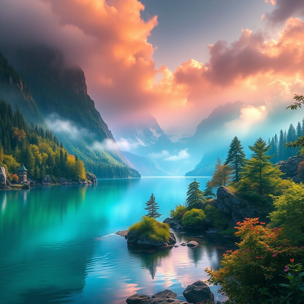Vibrant Fantasy Lake Scene in Detailed Matte Painting Style