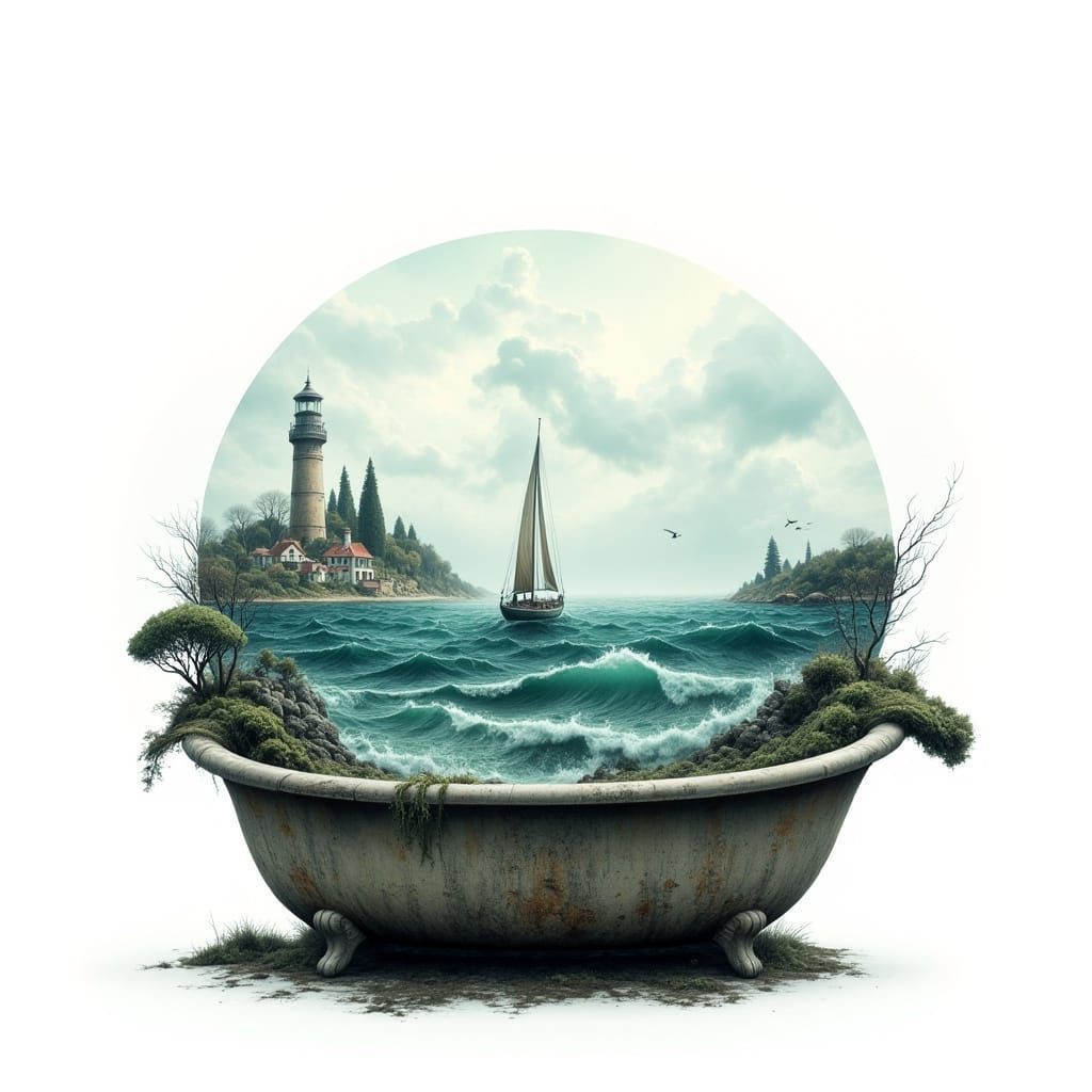 Vintage Washbasin Sea Scene with Sailboat and Village