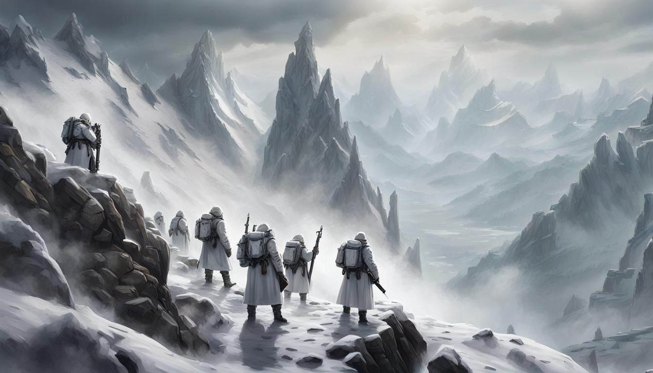 Mountaineer Squad Overlooks Shrouded Sanctuary in Comic Styl...
