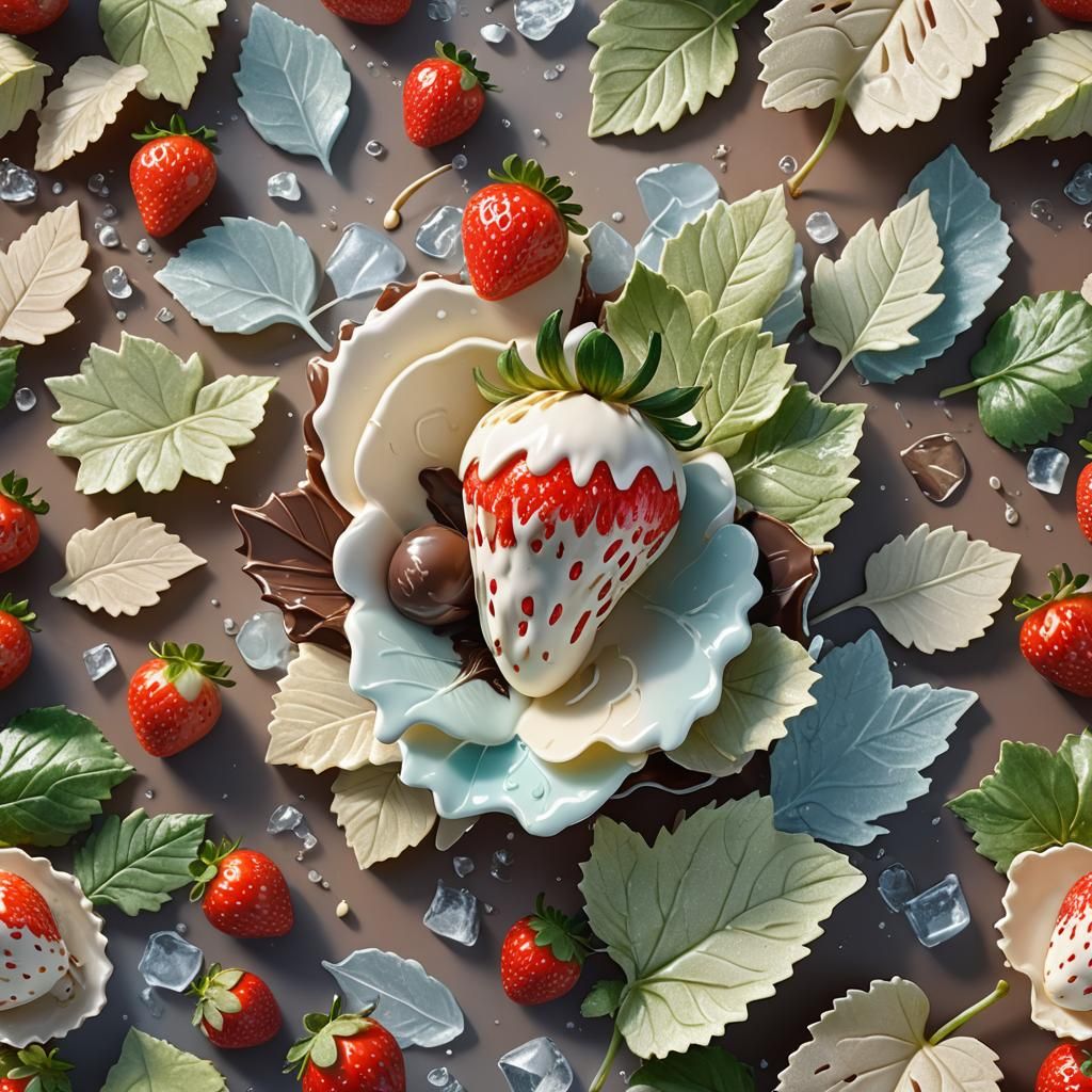 White Chocolate Strawberry with Ice Leaves, Hyperrealistic A...