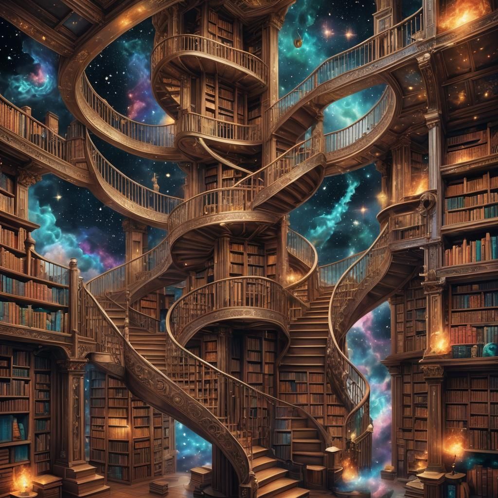 Celestial Library Floating in Cosmos: Digital Art