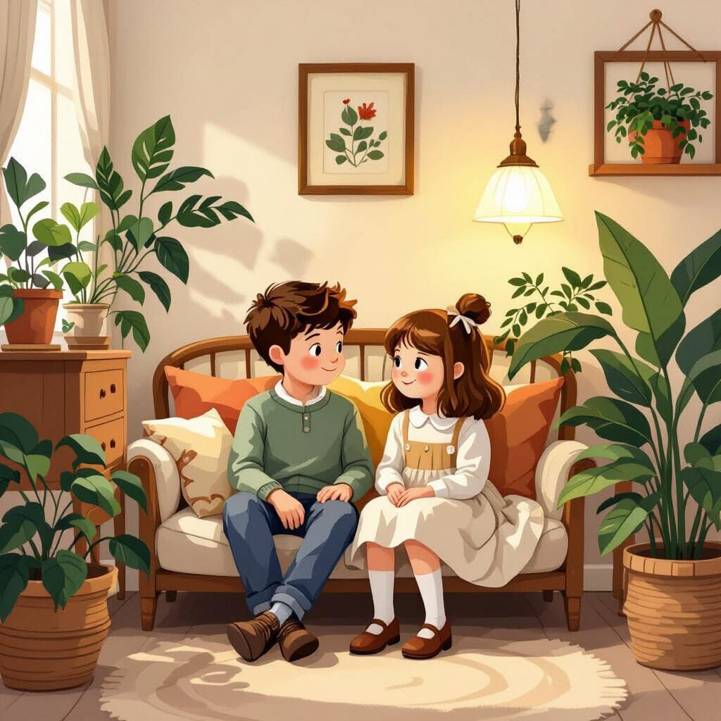 Cozy Room with Children, Whimsical Illustration