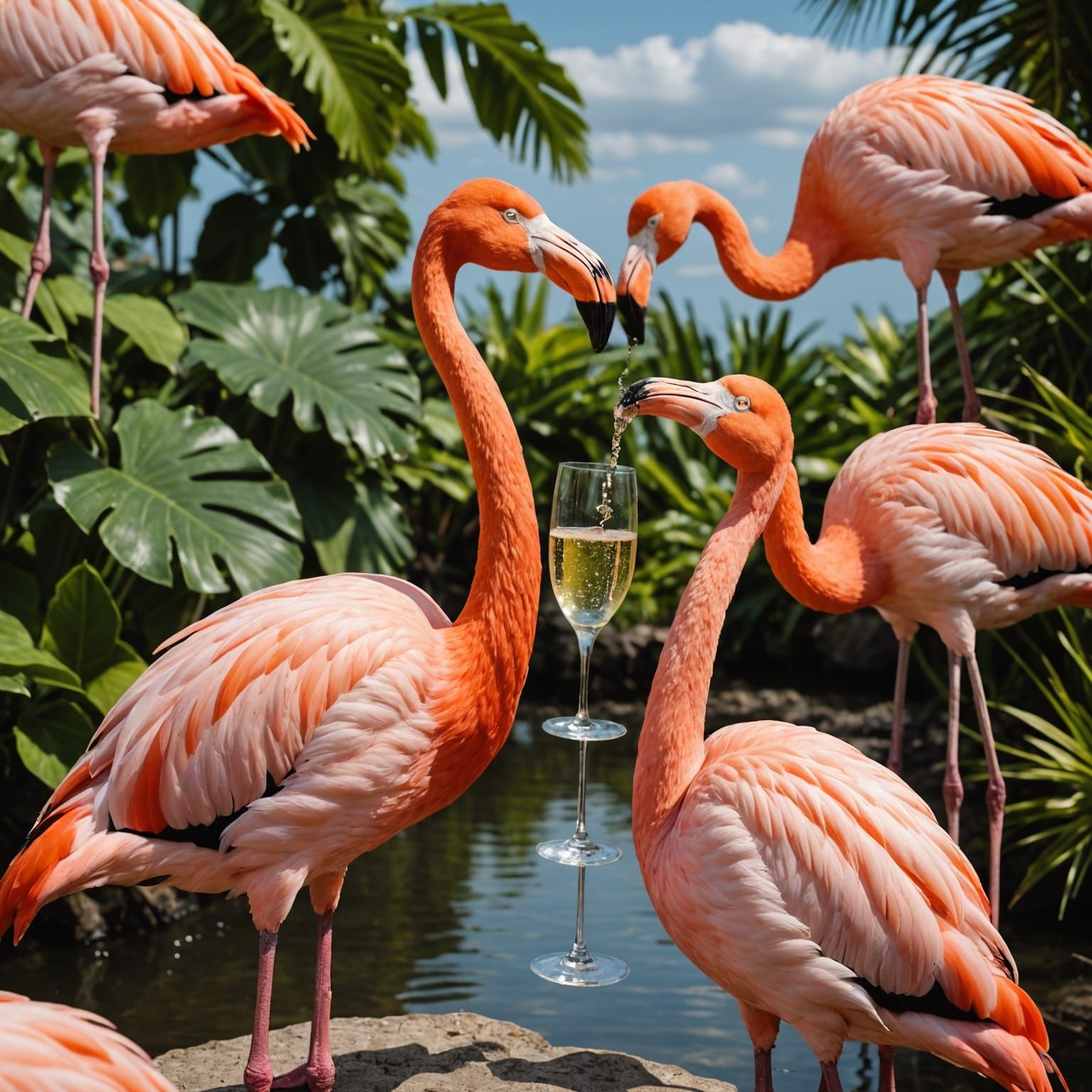 two flamingos having a champagne toast